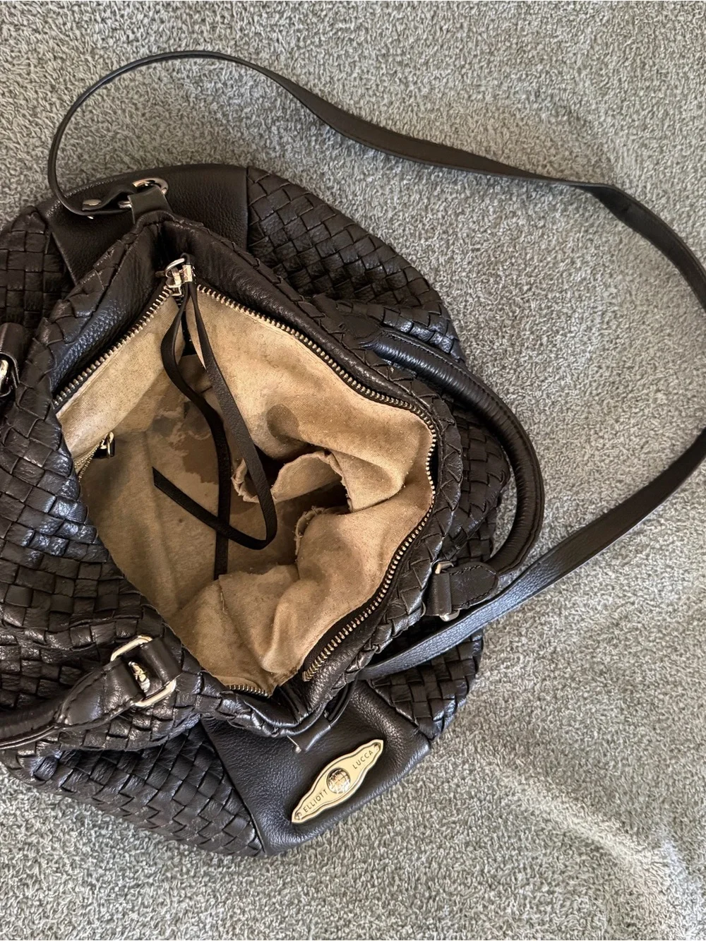 Elliott Lucca Black Woven Leather Satchel Crossbody Shoulder Bag